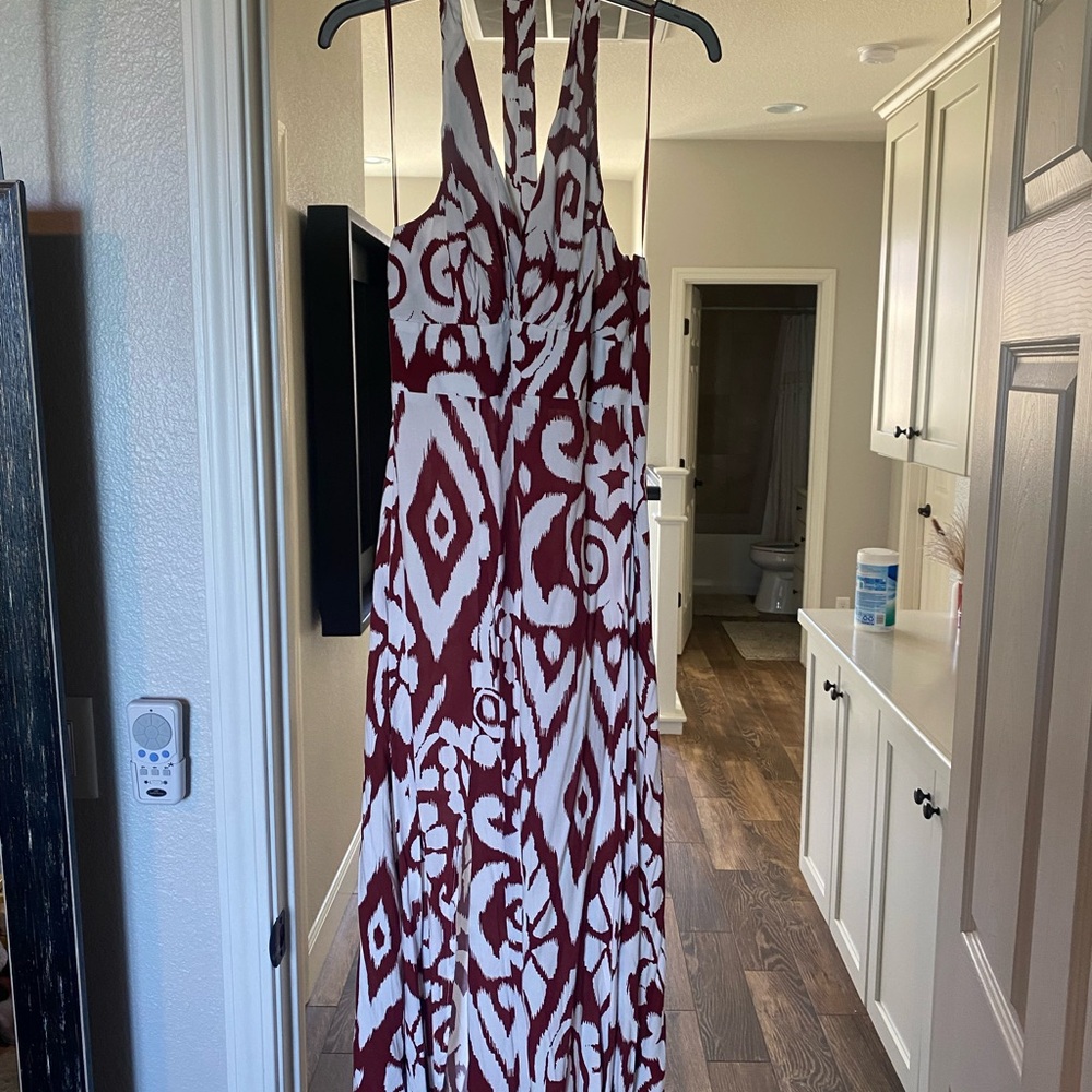 Macy's Elegant Red and White Patterned Maxi Dress